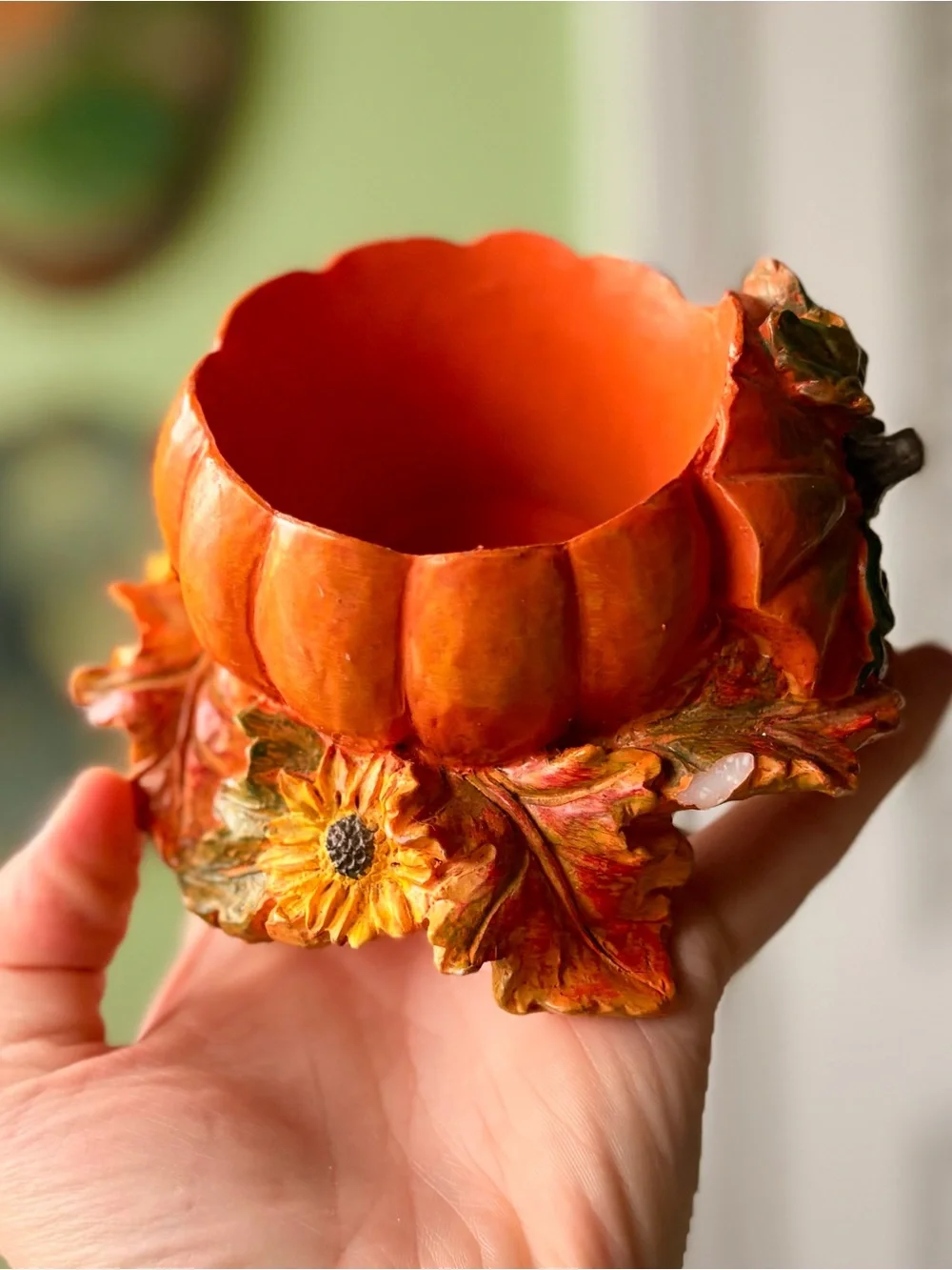 Pumpkin Seasonall Fall Tealight Holder Accent Orange & Floral Sunflowers